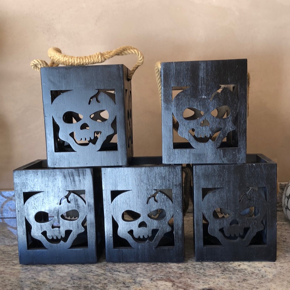 Set of 5 Black Wooden Box Candle Holders for Halloween